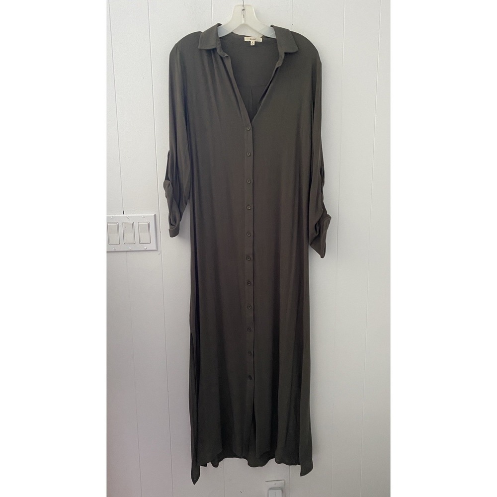 Easel Olive Green Maxi Shirt Dress Button Down Roll Tab Sleeve Boho Duster Small